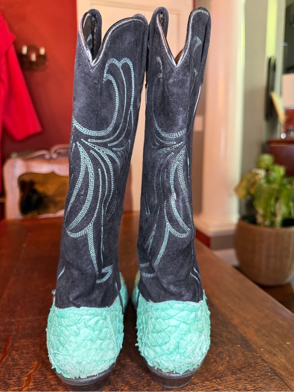 Vintage Tony Lama Sea Bass Exotic Leather Cowboy Boots Teal Black Size 7 - Picture 4 of 11